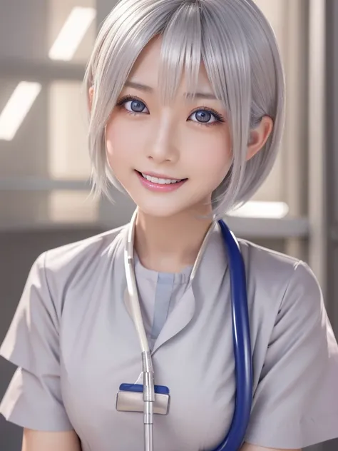 NSFW,Correct human anatomy,Japanese,a young beautiful Japanese girl with short platinum silver hair,large  eyes,droppy eyes,a balanced gaze,and a sweet smile,(wearing a detailed nurse uniform:1.25),highly detailed and realistic, 8k,ultra-detailed,photoreal...