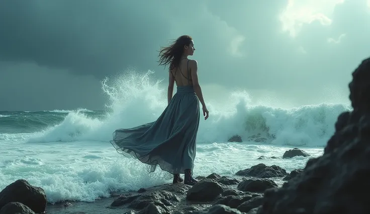 (masterpiece, best quality:1.2), (determined woman standing firmly on a rocky shoreline:1.4), (turbulent ocean with powerful waves crashing against the rocks:1.3), (fierce wind blowing her hair and clothes:1.3), (woman remains unwavering, staring straight ...