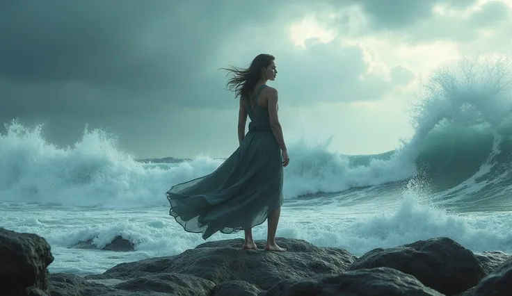 (masterpiece, best quality:1.2), (determined woman standing firmly on a rocky shoreline:1.4), (turbulent ocean with powerful waves crashing against the rocks:1.3), (fierce wind blowing her hair and clothes:1.3), (woman remains unwavering, staring straight ...