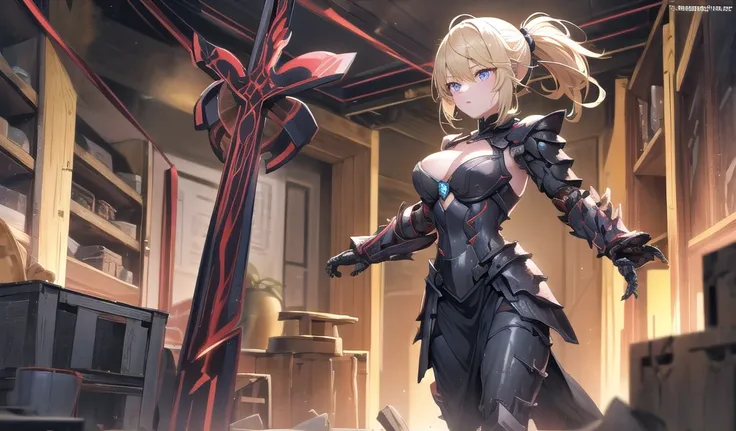 Beautiful blonde with short ponytail，Big ，cleavage，black sci-fi armor，Black hand armor，Iron skirt，thigh，cross sword，maze，1 girl, 