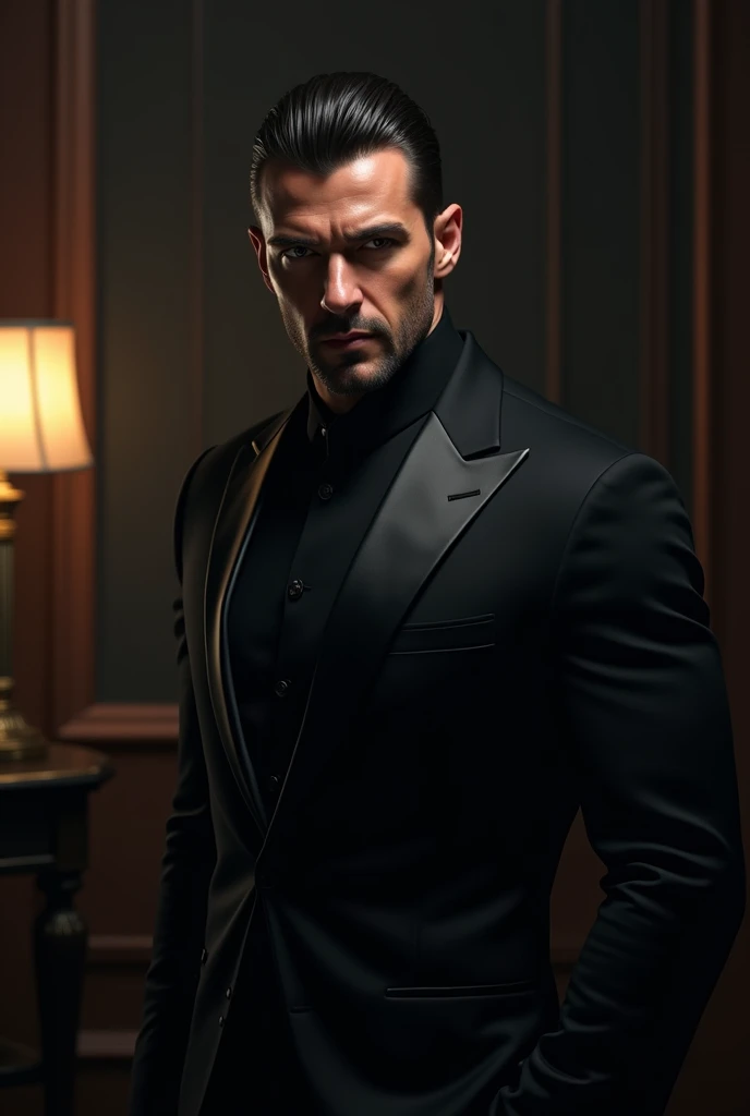 A handsome man with sharp, chiseled features and jet-black hair slicked back. He wears a tailored black suit with a high collar, and a confident smirk plays on his lips. He stands in a dimly lit room, with shadows accentuating his strong jawline and pierci...