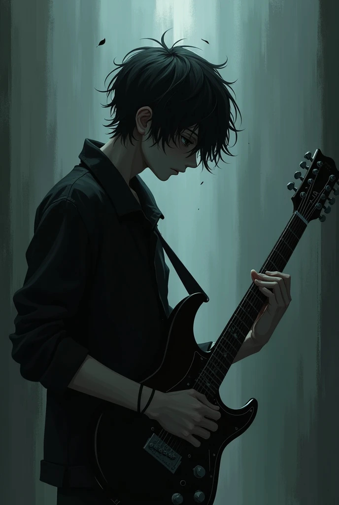 Black theme sad emo depressed anime guy with guitar digital art side view