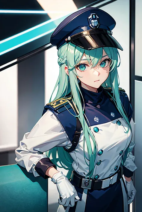 bondrewd wearing a blue peaked cap with light color green hair, 1girl, long hair, gloves, green eyes, white gloves, blue military uniform, looking at you, very long hair, white hair green color inner, uniform, solo, mature female, perfect body, beautiful b...