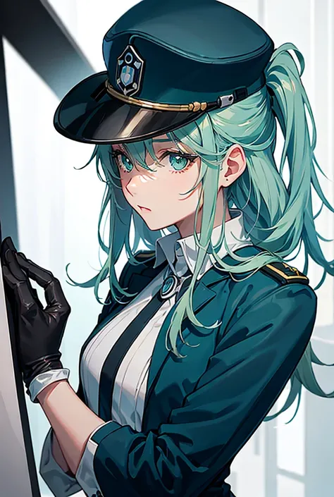 bondrewd wearing a blue peaked cap with light color green hair, 1girl, long hair, gloves, green eyes, white gloves, blue military uniform, looking at you, very long hair, white hair green color inner, uniform, solo, mature female, perfect body, beautiful b...