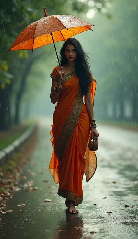 Ek indian ladki barish mein road per chhata lekar hath mein chal rahi hai pari me sandil 