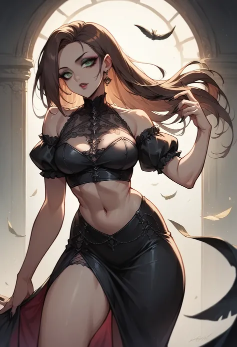 A gothic 1 girl, revealing clothes such as tight skirts and crop tops. shoulders-lenght dark, straight brown hair, fair skin and striking green eyes. Pear-shaped body, makeup and long fancy nails.