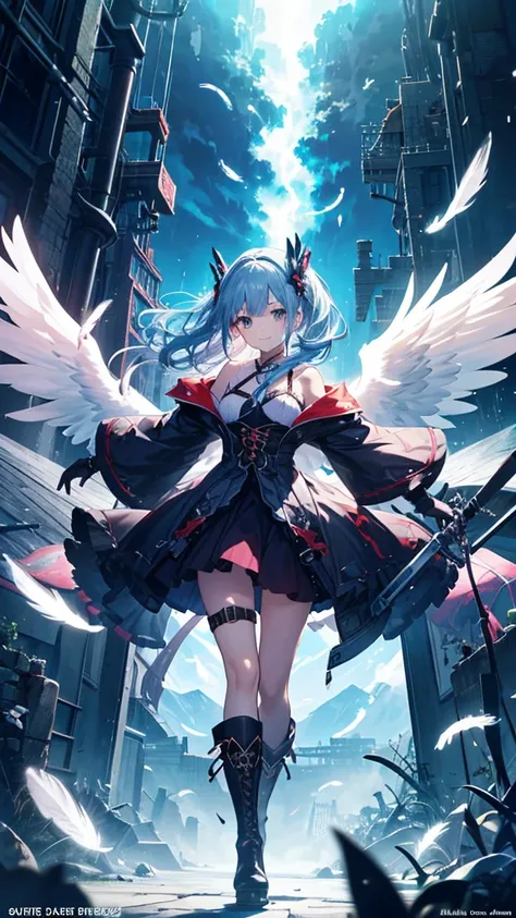 (((8K,masutepiece,Best Quality))), maxiskit, dress conservatively 1 girl, Solo, Full body, wide shoot,BREAK、(((Cute angel flying in the blue sky))), Fantasy, Big Angel Wings, Big smile, Blue long wavy hair, Blue hair, Delicate eyes, beautifullydetailedback...