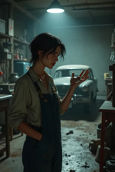 an brunette mechanic in old garage, with fear expression, wave his hand to come at classic car behind him