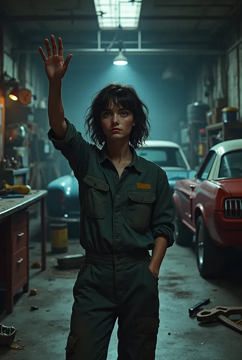 an brunette mechanic in old garage, with fear expression, wave his hand to come at classic car behind him