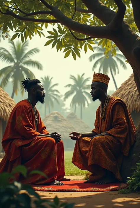 

Let it have a scene depicting local ghana. And having this Ghana_village_scene_HD_1280x720.
1. **Okomfo Anokye and King Osei Tutu in a secret meeting**: This image will show the two friends sitting under a tree, with King Osei Tutu looking serious and Ok...