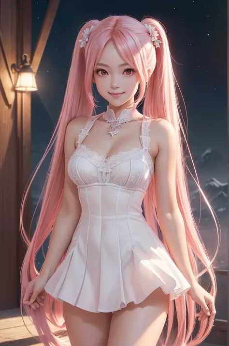 ((best quality, ultra-detailed, high resolution, extremely detailed CG, super detailed, direct light, Most beautiful clean lighting)), 1 girl, beautiful girl, cute girl and idol face, young face, smile, Beautiful long pink hair, twintails, Beautiful shinin...