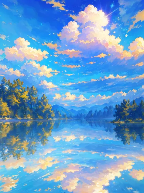 ​masterpiece, top-quality, (extremely detailed CG unified 8k wallpaper) (top-quality), (The best illustrations), (best shade)、Super Meticulous, blue-sky、Variety of clouds、Wonderfully beautiful、nostalgic、Looking up at the sky、Reflection of the Sun、Natural c...