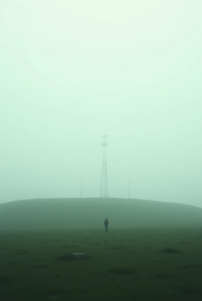 Foggy flat grass hill with a radio station in the distance insolated 