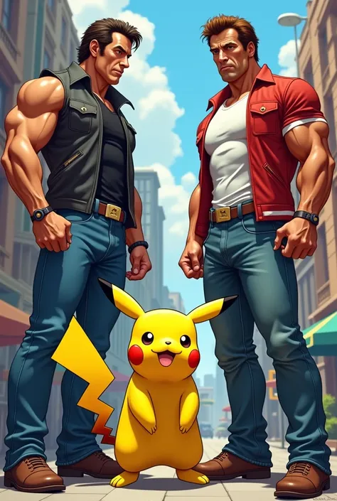 Pikachu with Sylvester Stallone and Arnold Schwarzenegger