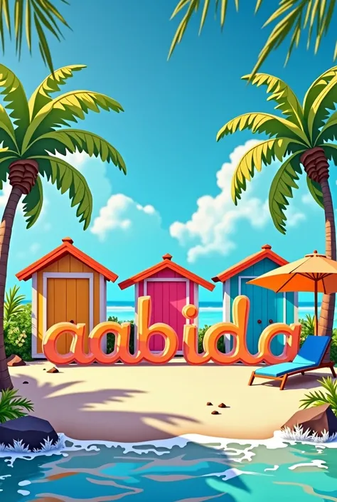 huts and chairs with beach umbrellas attached to each, painted in a playful, island-inspired font, the words Aabida (in 3d, colourful and sleek) are clearly visible on the beach, drawn in a stylish, cursive script that perfectly complements the stunning ba...