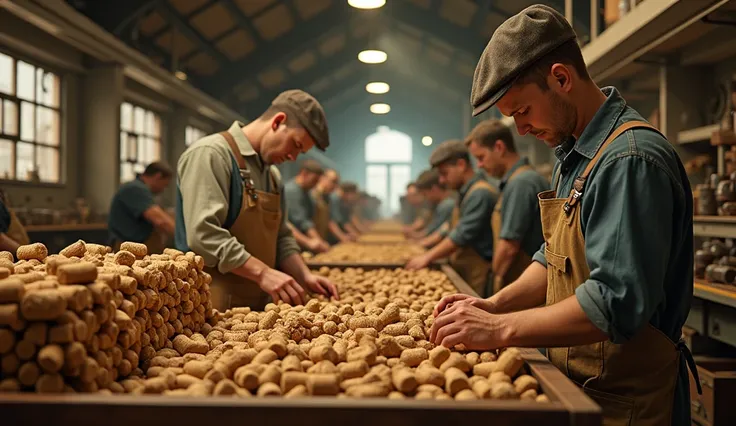 a detailed cork factory, 1950s vintage cork production, massive cork tree forest harvest, high quality cork processing, intricate cork stopper assembly line, skilled cork workers, gleaming cork processing equipment, complex cork stopper manufacturing, vint...