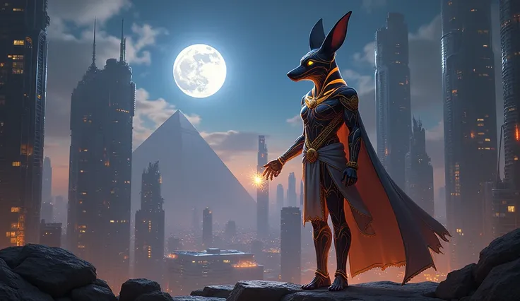 A futuristic cityscape with towering skyscrapers and advanced technology. In the foreground, Anubis, the Egyptian god of the afterlife, stands tall, his jackal head glowing with an ethereal light. He holds a small, glowing orb in his hand, overlooking the ...