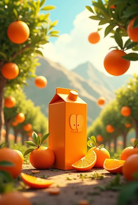 A juice box with an orange logo in the center, located on a mountain with an orange orchard and oranges falling next to it.