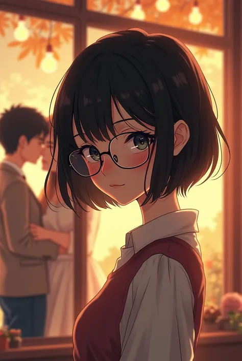 Create a gorgeous cute short haired girl with specs looking at a cute couple rather drop dead gorgeous  