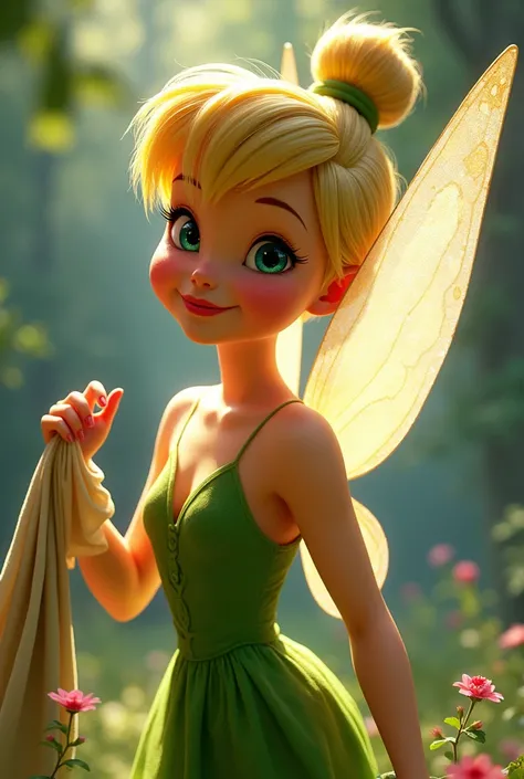 Masterpiece:1.20, Simple Watercolors:1.5, UHD, HDR, 8ก, unreal engine 5, Ray Tracing:1.20, Low Light Painting, Amazing cinematic lighting, bright colors, bright colors, Award-winning portrait of Tinker Bell, (A slender girl:1.30), Single hair bun, Look dow...