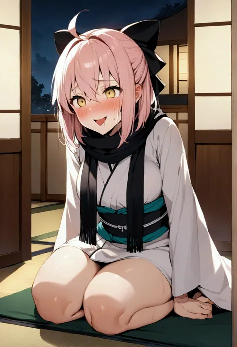 NSFW,masterpiece,Highest quality,High resolution,Very detailed,,Okita Souji(Fate/grandorder),Ahoge、Pink Hair、Hair between the eyes、Hair Ribbon、short hair、Yellow Eyes,黒いscarf、Black Ribbon、kimono、kimono、band、scarf,Japanese-style mansion at night,Japanese-sty...