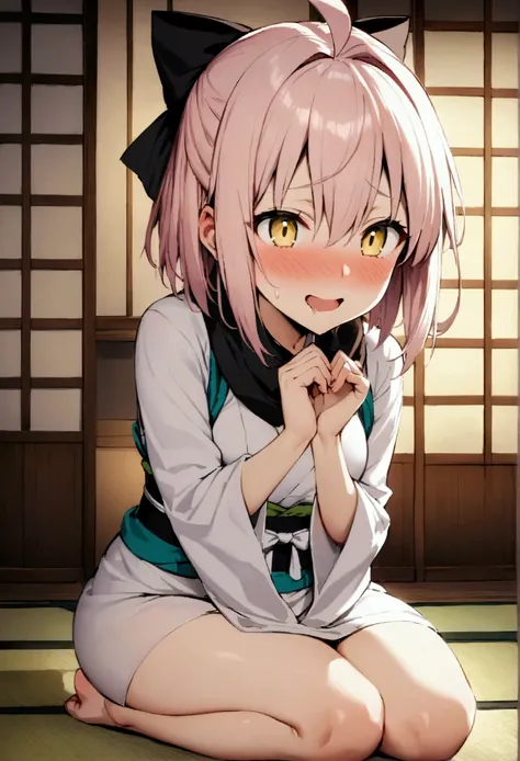 NSFW,masterpiece,Highest quality,High resolution,Very detailed,,Okita Souji(Fate/grandorder),Ahoge、Pink Hair、Hair between the eyes、Hair Ribbon、short hair、Yellow Eyes,黒いscarf、Black Ribbon、kimono、kimono、band、scarf,Japanese-style mansion at night,Japanese-sty...