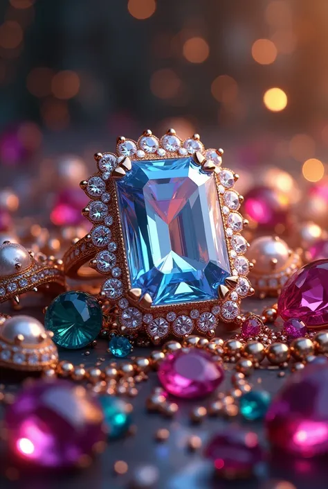 Highest quality, A glittering jewel box、Many jewels overflow from the jewel box、Dazzling Light、Sparkle、Ultra-high resolution, Gems of various colors、necklace、ring、大きなダイヤモンドのringにフォーカス、