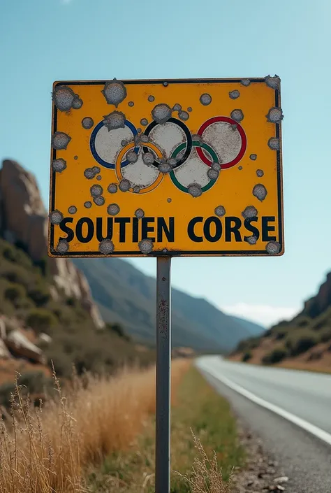 un panneau de signalisation Corse complètement troué par des balles avec le symbole des jeux olympiques. humoristique. ecrire " Soutien Corse"