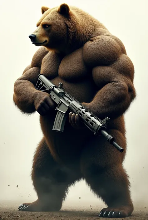 Muscled bear with a gun in his hand with a menacing face in profile