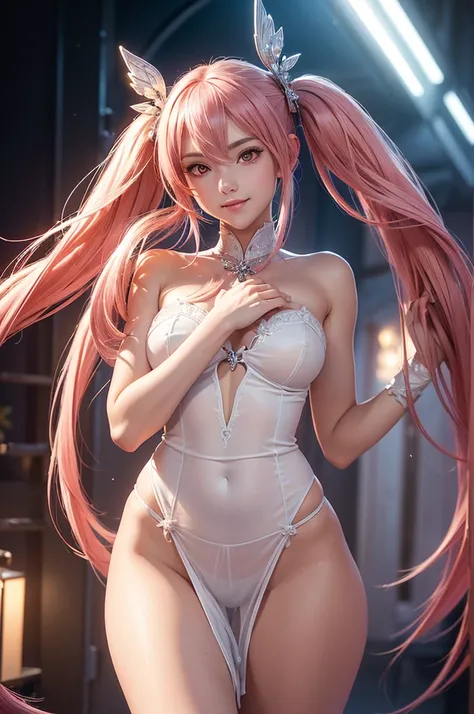 ((best quality, ultra-detailed, high resolution, extremely detailed CG, super detailed, direct light, Most beautiful clean lighting)), 1 girl, beautiful girl, cute girl and idol face, young face, smile, Beautiful long pink hair, twintails, Beautiful shinin...