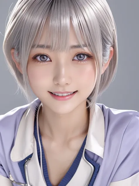 NSFW,Correct human anatomy,Japanese,a young beautiful Japanese girl with short platinum silver hair,large  clear eyes,droppy eyes,a balanced gaze,and a sweet smile,(wearing a detailed nurse uniform:1.25),highly detailed and realistic, 8k,ultra-detailed,pho...