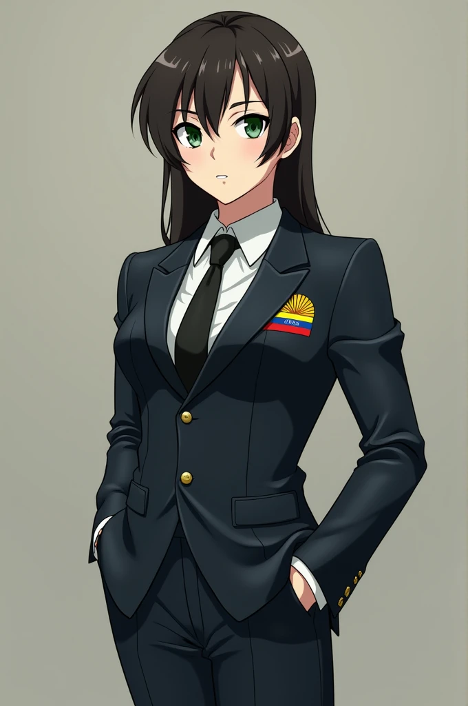 anime character full body, dark green eyed brunette, with formal suit with style referring to the flag of the state of Zulia 