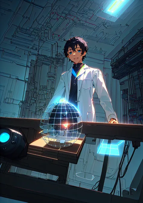 Anime, ((A man, wearing a lab coat, standing, short hair, front view)), ((is looking at a prototype on a table)), in front of him is a table, on the table is a prototype machine that lights up blue, ((the room is dark, there is only a light source from the...