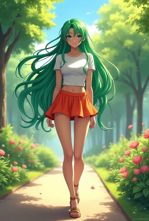 beautiful very fit anime woman, very long bright green hair, white short sleeve t-shirt, red orange bubble mini skirt, high strap sandals, walking in the park