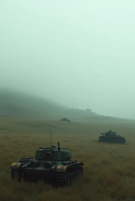 Foggy flat grass hill with a radio station in the distance insolated,there are several tank wrecks scattered around the landscape