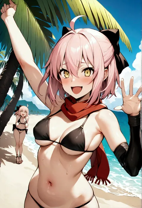 NSFW,masterpiece,Highest quality,High resolution,Very detailed,,Okita Souji(Fate/grandorder),Ahoge、Pink Hair、Hair between the eyes、Hair Ribbon、short hair、Yellow Eyes,Asymmetrical sleeves、bikini、黒bikini、黒scarf、black sleeves、Detached sleeve、マルチストラップbikini、be...