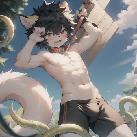 The whole body is covered with talisman paper，Shota，Bulge in pants，blush，emaciated，little devil，Devil Horns，Orange-red eyes，Brownish-black skin，As a pet，Collar，Demon King，Hypnosis，Swimming pants，muscle，章鱼Tentacles ，Tentacles，fighting，estrus，Get Down，Fangs，...