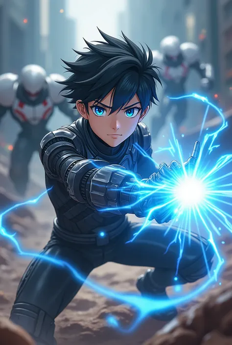 1boy, male, black short hair, blue eyes, detailed face, ekkarit masiha, superhero suit, autobots, super blue, mechanical arm, cyborg, black armor, blue core, fight, anime, kamehameha, power, energy, (best quality,4k,8k,highres,masterpiece:1.2),ultra-detail...