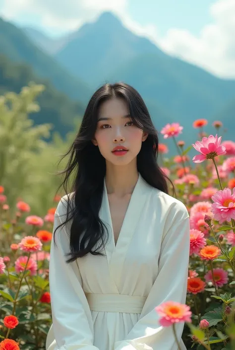 Fuji camera photos, asian woman, white skin, Black fluffy hair, Facing straight, Long sleeve white dress, Sitting in a garden of colorful flowers, The background is a mountain range.