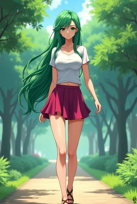 beautiful very fit anime woman, very long bright green hair, white short sleeve t-shirt, red violet trumpet mini skirt, high strap sandals, walking in the park