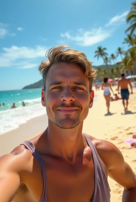 Rear camera selfie of a beach in the United States with several tourists in the background with iPhone 14 Ultra realistic 4k quality
