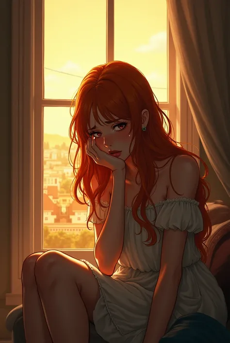 Woman with copper hair sitting in front of a window and crying, while the sun is shining outside 
