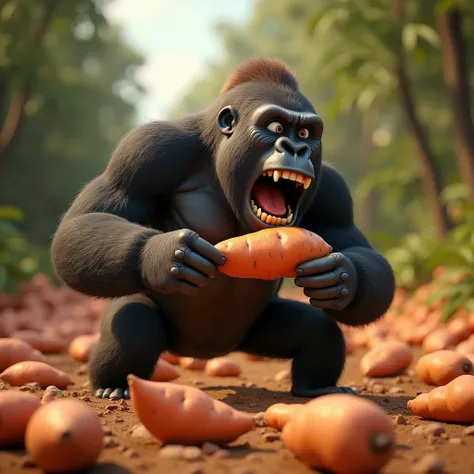 3D Animation、Gorilla eating sweet potato、A lot of sweet potatoes in the background