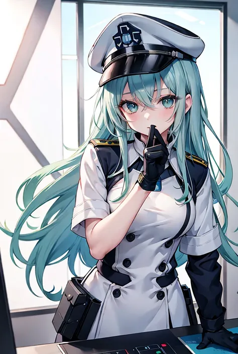 bondrewd wearing a blue peaked cap with light color green hair, 1girl, long hair, gloves, green eyes, white gloves, blue military uniform, looking at you, very long hair, white hair green color inner, uniform, solo, mature female, perfect body, beautiful b...