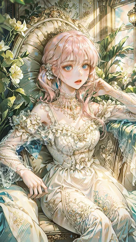 ((best quality)), ((masterpiece)), ((Romance Fantasy)), ((illustration)), (detailed), (clear), (Perfect), 1 woman, mature, pure, expressionless, Long pink hair tied into two pigtails, With bangs, white skin, Sapphire blue eyes, abundant eyelashes, Deep dou...