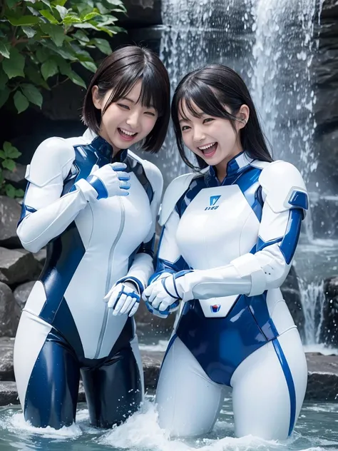 Japanese female android sisters,Black Hair,White and blue robot suit,Plump,Playing in the waterfall,Laughing with mouth wide open,