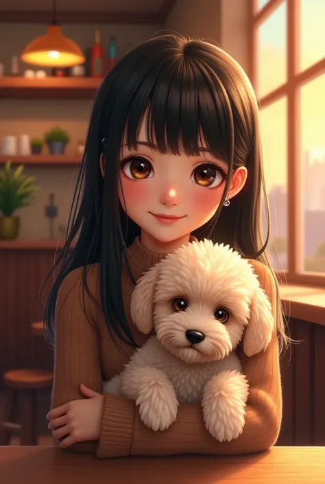 Photographed with Canon camera,Cute black long straight hair brown eyes round face girl wearing brown sweater sitting in cafe drinking coffee, Sunset, Toothy Smile，No bangs, Holding a poodle puppy in arms