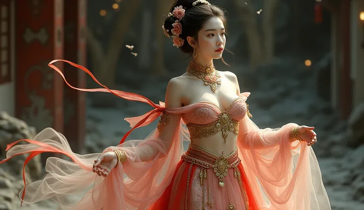  Chinese with gold coins , curvy body, curved belt, big breasts, Caucasian leather, beautiful embroidered outfits with intricate embroidery, flowing tulle, long transparent colored ribbons, tied around the arms, inspired by Cinderella, showing belly button...