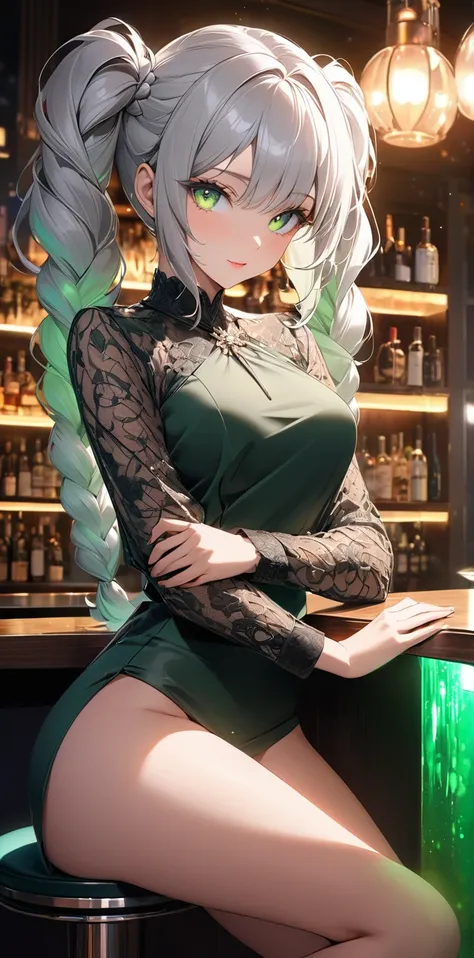 Ultra high resolution, rich colors, perfect image, best quality, detailed image, beautiful woman, glowing skin, skin and clothing texture, delicate eyes, bar, counter seat, cocktail, silver hair braided twin tails, green eyes