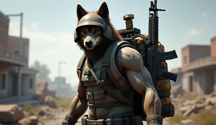 Wolf in pubg game with bagpack,guns, helmet, Grande and others